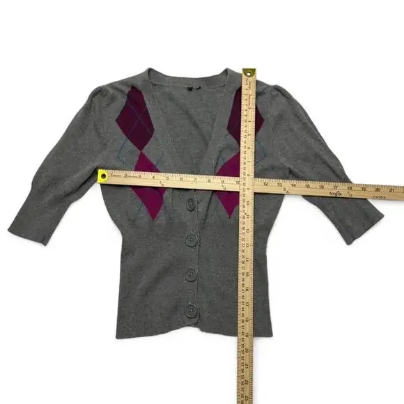Grey & Burgundy Argyle Fitted Sweater Vest Essentials Staple 3/4 Sleeves Small - Picture 4 of 6